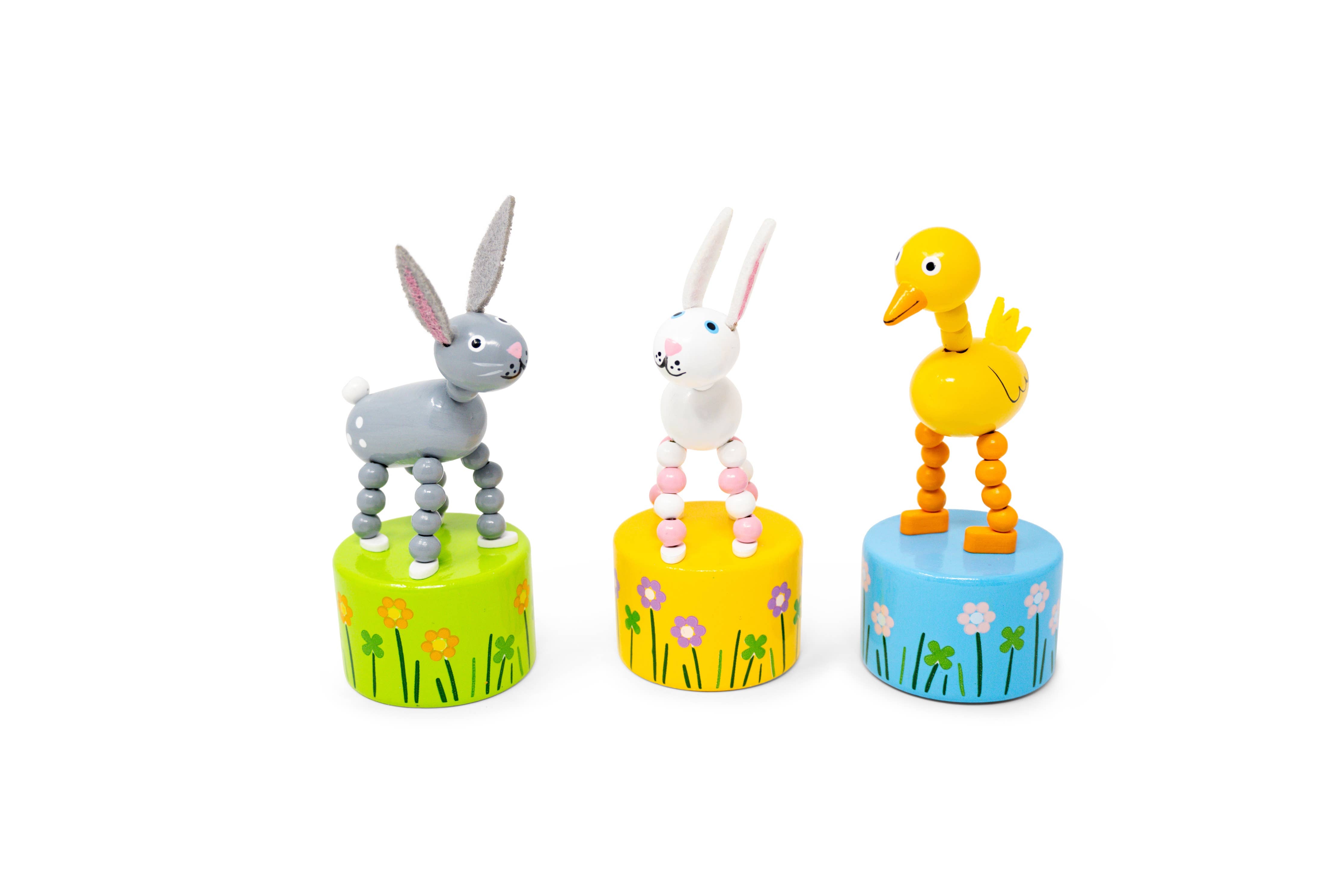Wooden Duck and Bunny push puppets by Jack Rabbit Creations, colorful toy figures for children.