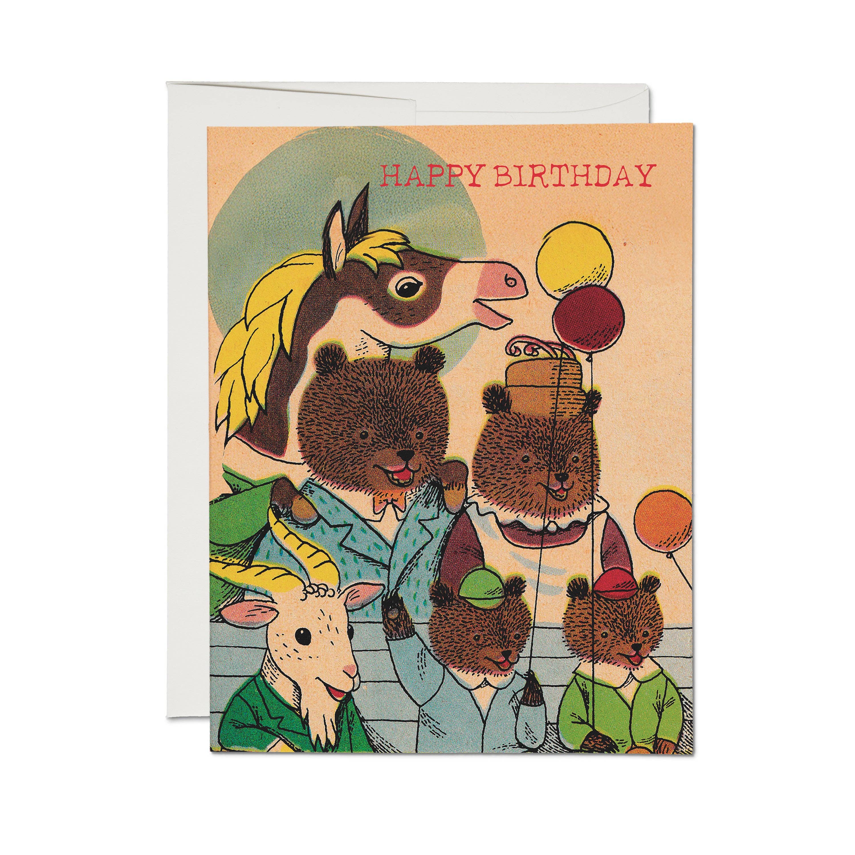 Richard Scarry birthday card from Red Cap Cards featuring colorful cartoon characters and festive design on stationery.