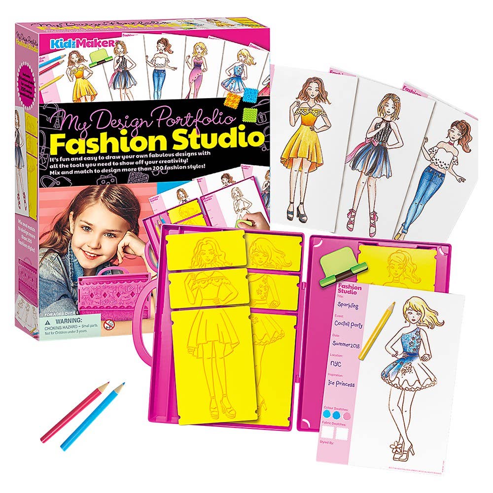KidzMaker Fashion Design Portfolio by The Toy Network, arts and crafts kit with drawing paper, fashion templates, and creative accessories.