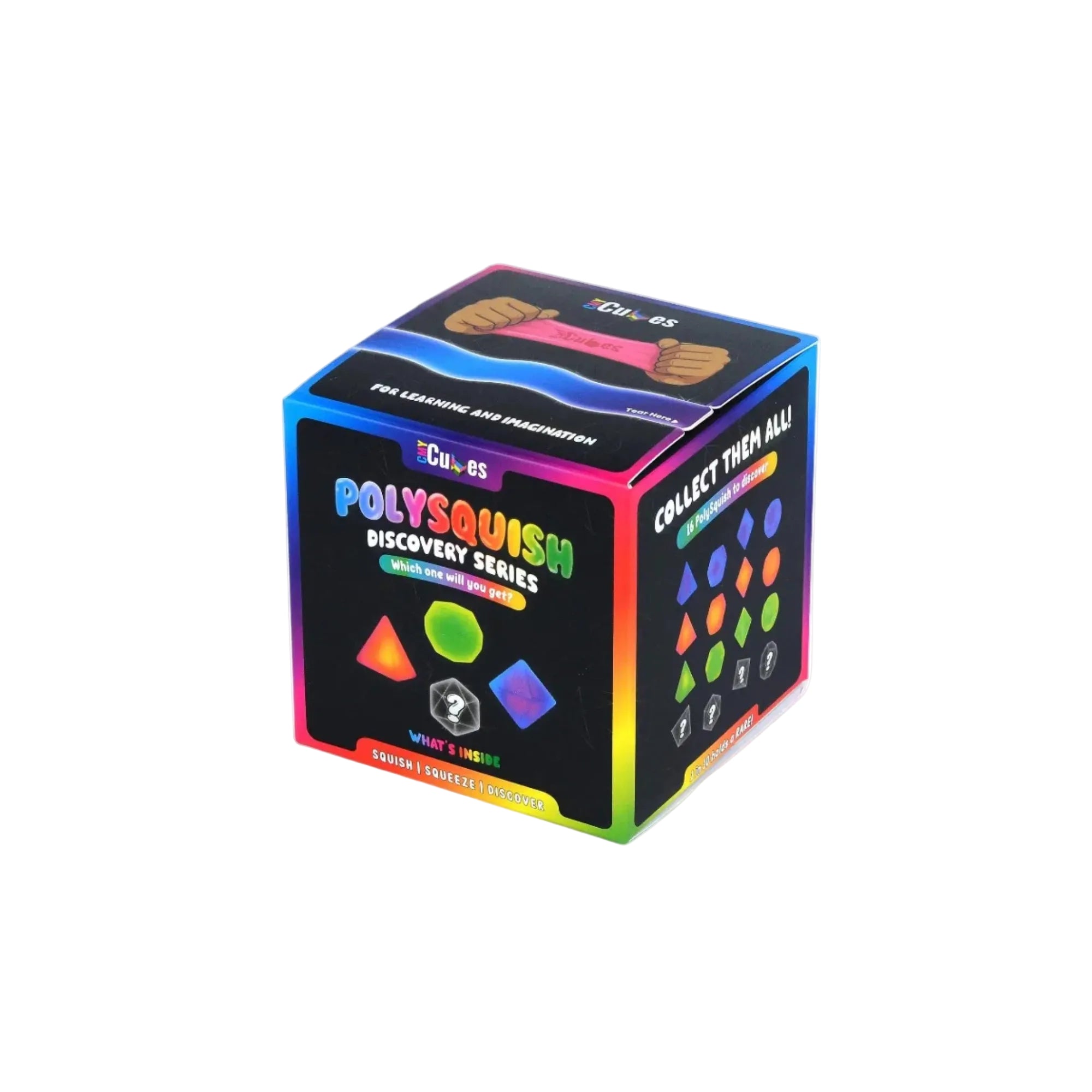 PolySquish Geometric Slow Rise Fidget Squishy by CMY Cubes, featuring colorful geometric shapes and soft, squeezable texture.