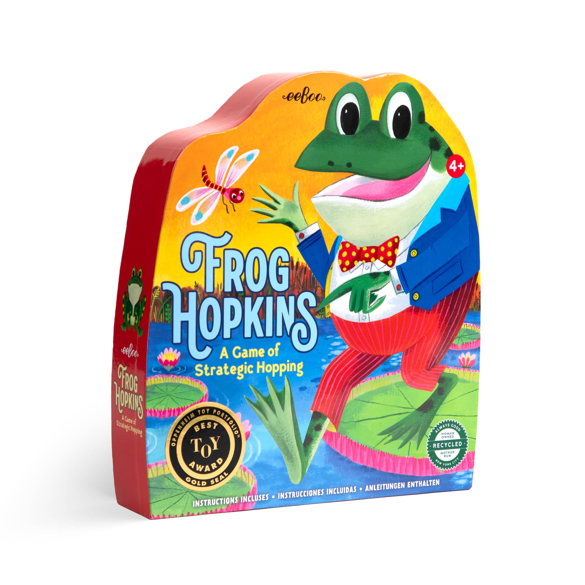 EeBoo Frog Hopkins Board Game featuring colorful frog illustrations and game components on a vibrant playmat.