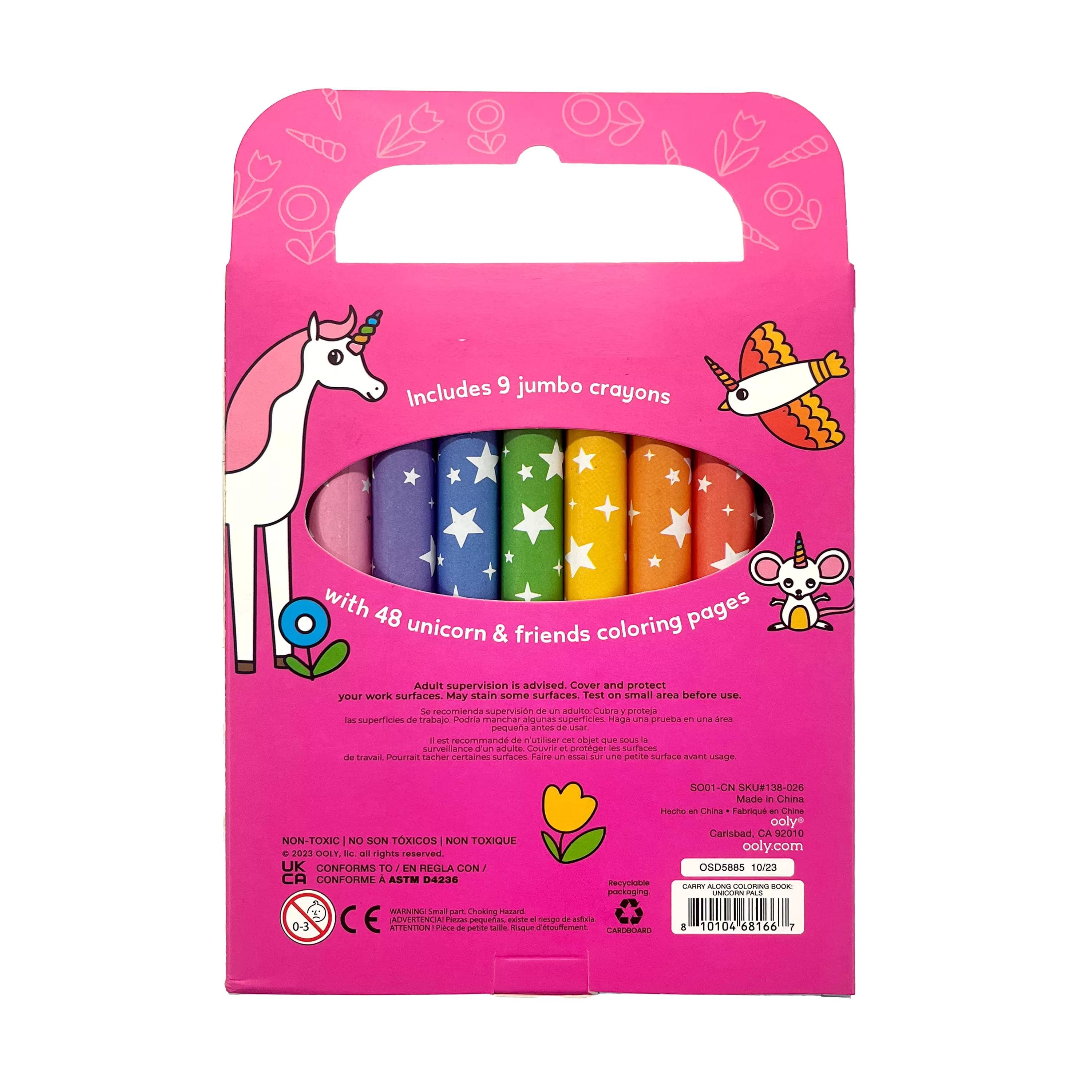 Unicorn Pals Travel Coloring Set by OOLY featuring colorful markers, crayons, and coloring pages with unicorn designs for kids.