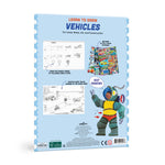 Learn to Draw Vehicles book by eeBoo featuring colorful illustrations and stickers for arts and crafts activities.