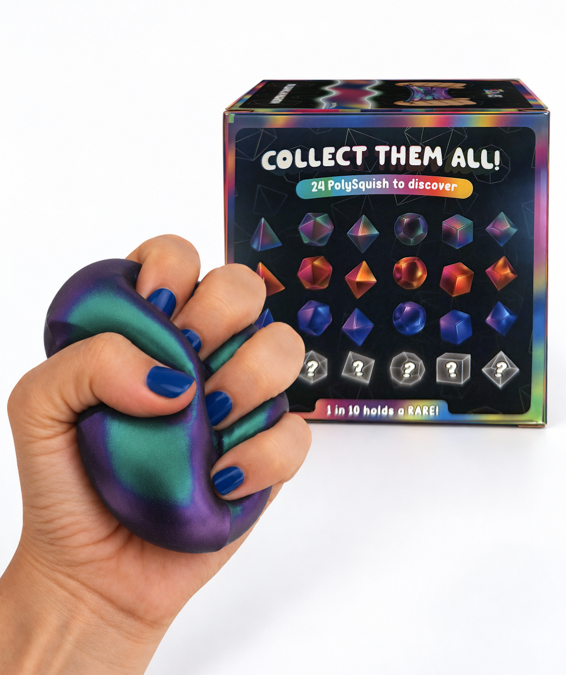 Metallic PolySquish sugar squishy from CMY Cubes, a slow-rise sensory toy with a shiny, colorful finish and soft, squeezable texture.