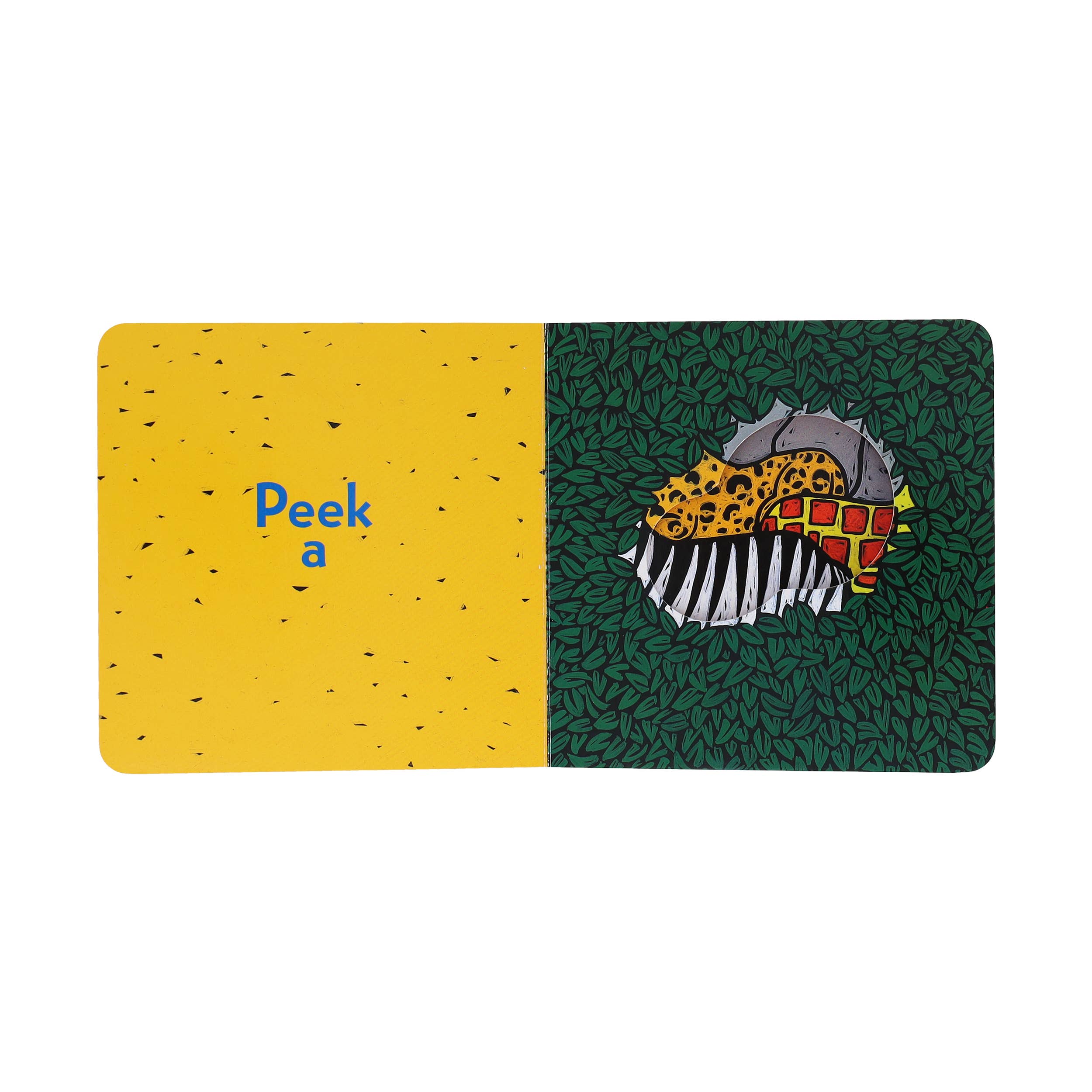 Two card designs on a white background. One is yellow with 'Peek a' text, the other is green with a leopard design.