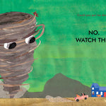 Open copy of "I Am a Tornado" book by Drew Beckmeyer, published by Simon & Schuster, showing colorful cover art.