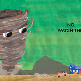 Open copy of "I Am a Tornado" book by Drew Beckmeyer, published by Simon & Schuster, showing colorful cover art.