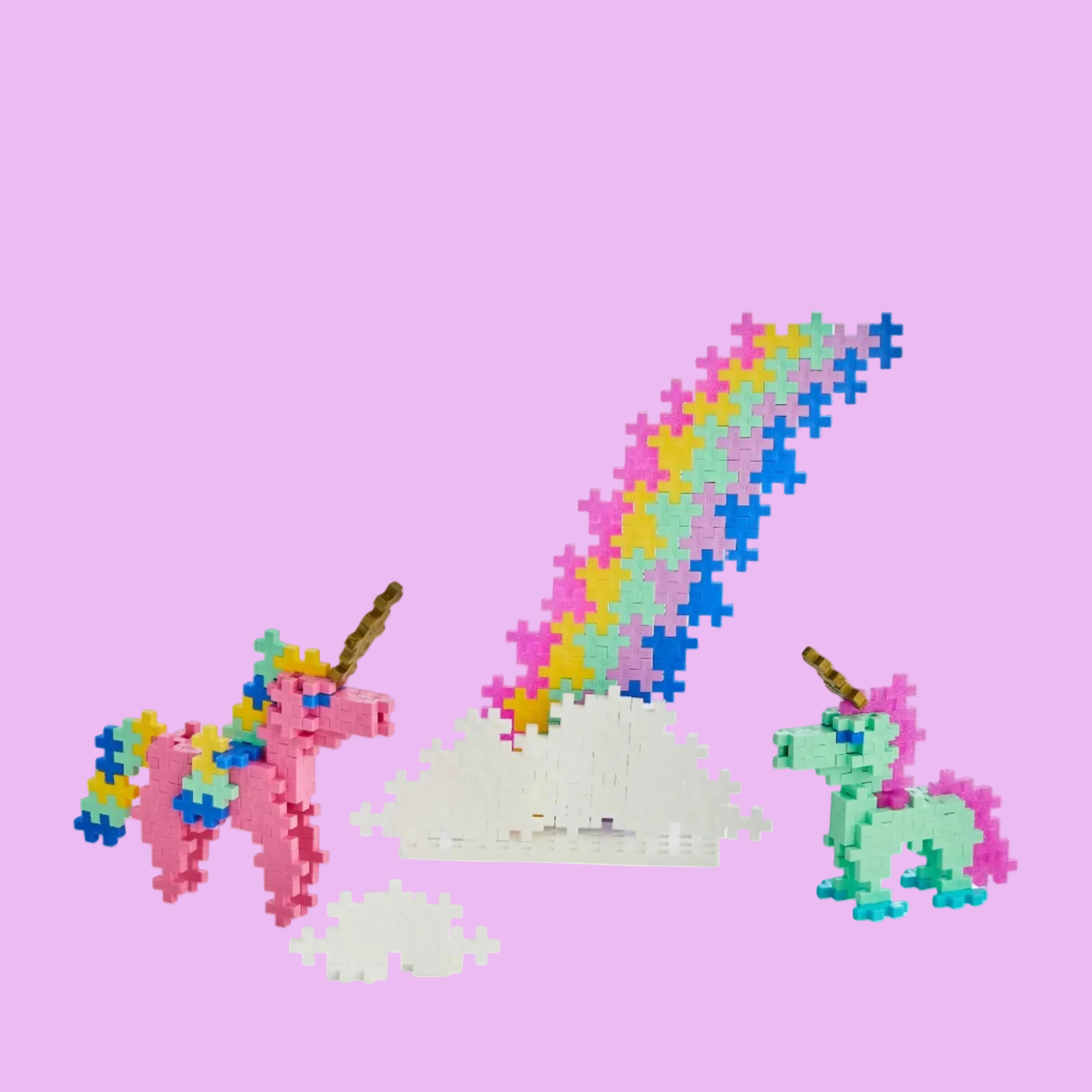 Plus-Plus USA "Learn to Build Unicorns" game and puzzle set with colorful pieces for creative unicorn building fun.