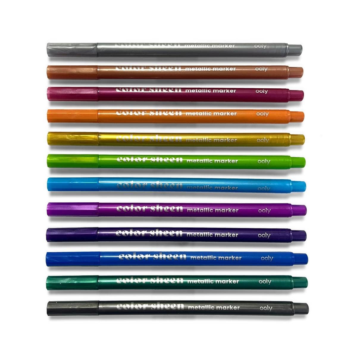 OOLY Color Sheen Metallic Felt Tip Markers for arts and crafts, vibrant metallic ink, displayed with colorful marker caps