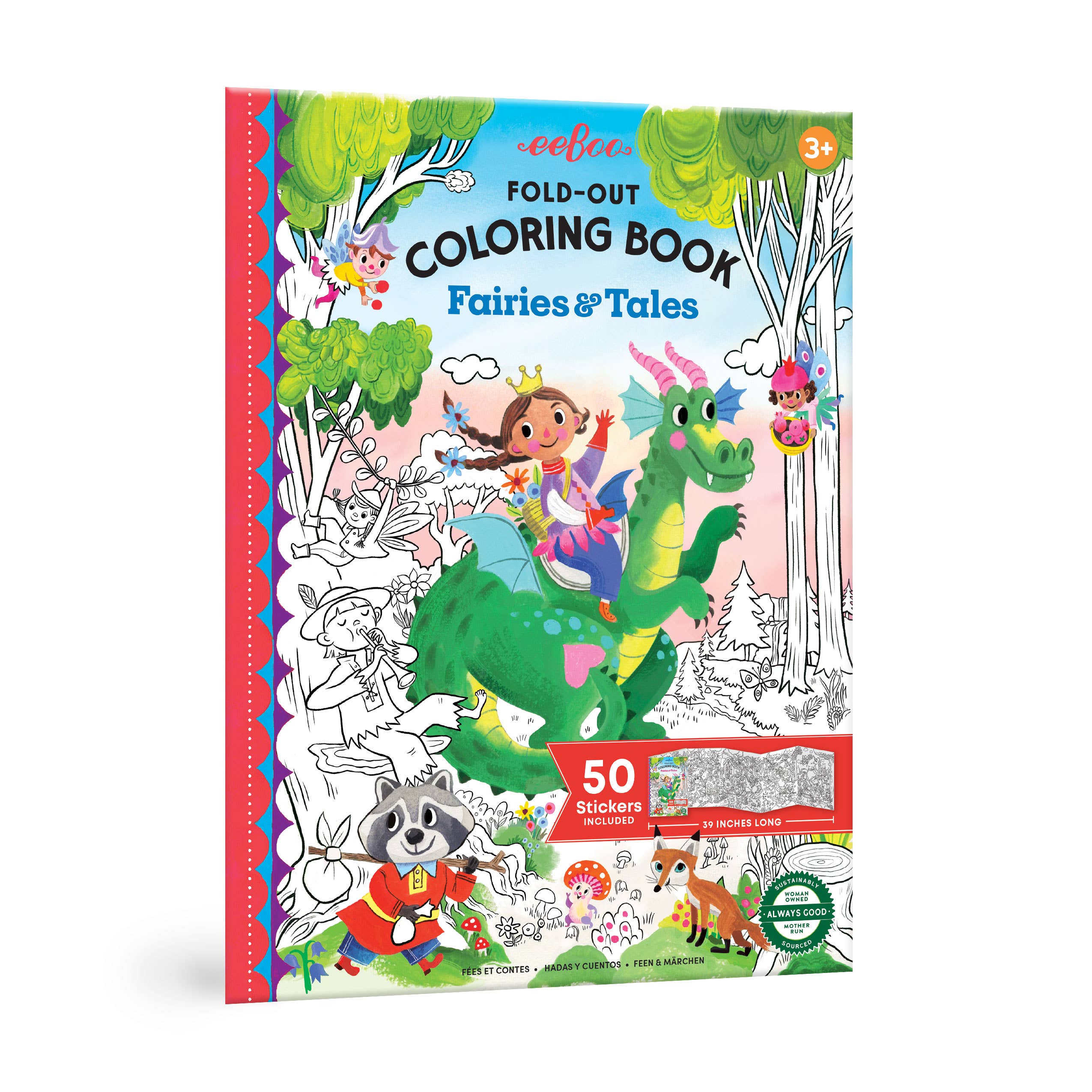 Fairies & Tales fold-out coloring book with stickers by eeBoo, featuring whimsical fairy illustrations and colorful pages for kids.