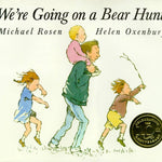 Cover image of "We're Going on a Bear Hunt" book by Michael Rosen, published by Simon & Schuster, featuring children walking through a landscape.