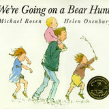Cover image of "We're Going on a Bear Hunt" book by Michael Rosen, published by Simon & Schuster, featuring children walking through a landscape.