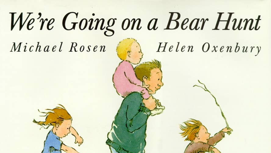 Cover image of "We're Going on a Bear Hunt" book by Michael Rosen, published by Simon & Schuster, featuring children walking through a landscape.