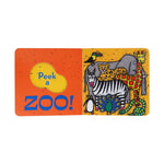 Children's book cover with 'Peek a Zoo!' text and illustrations of animals on a white background