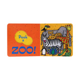 Children's book cover with 'Peek a Zoo!' text and illustrations of animals on a white background