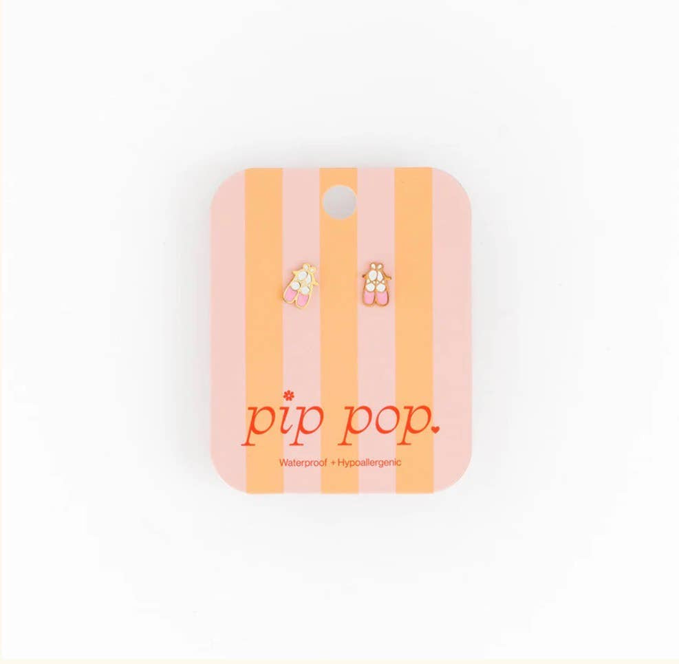 Pip Pop Post ballet slipper stud earrings in silver with detailed ballet slipper design, perfect for delicate accessory style.
