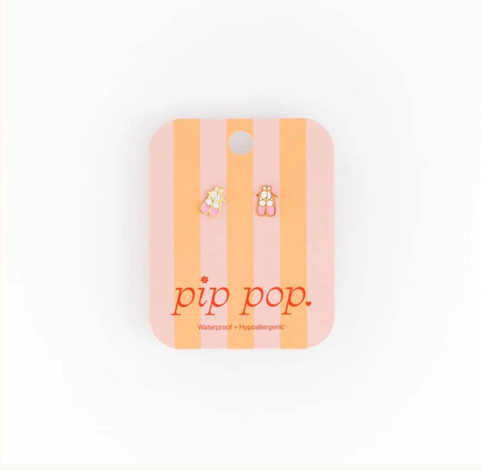 Pip Pop Post ballet slipper stud earrings in silver with detailed ballet slipper design, perfect for delicate accessory style.
