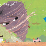 Open copy of "I Am a Tornado" book by Drew Beckmeyer, featuring the book cover with bold title and author's name.