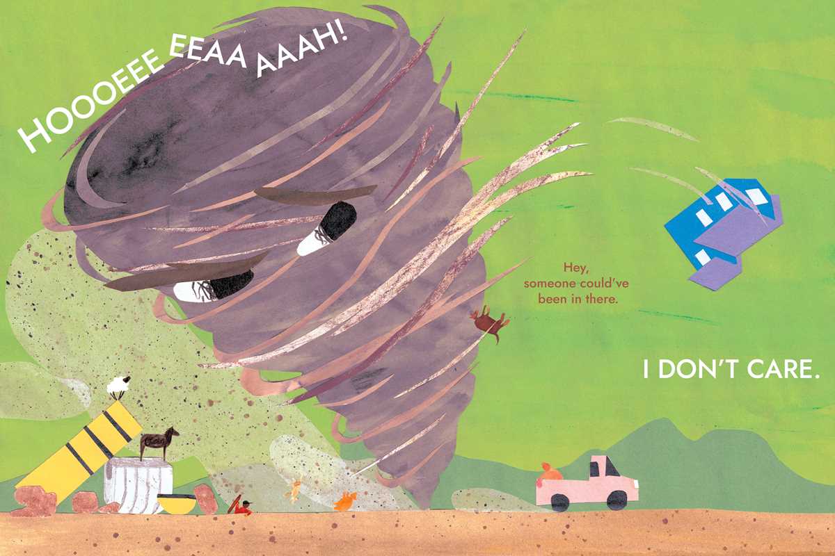 Open copy of "I Am a Tornado" book by Drew Beckmeyer, featuring the book cover with bold title and author's name.