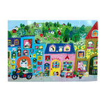 eeBoo Yumi's Village 20-piece puzzle showing colorful illustration of a peaceful village scene with houses and nature elements.
