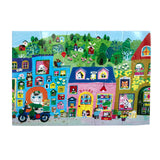eeBoo Yumi's Village 20-piece puzzle showing colorful illustration of a peaceful village scene with houses and nature elements.