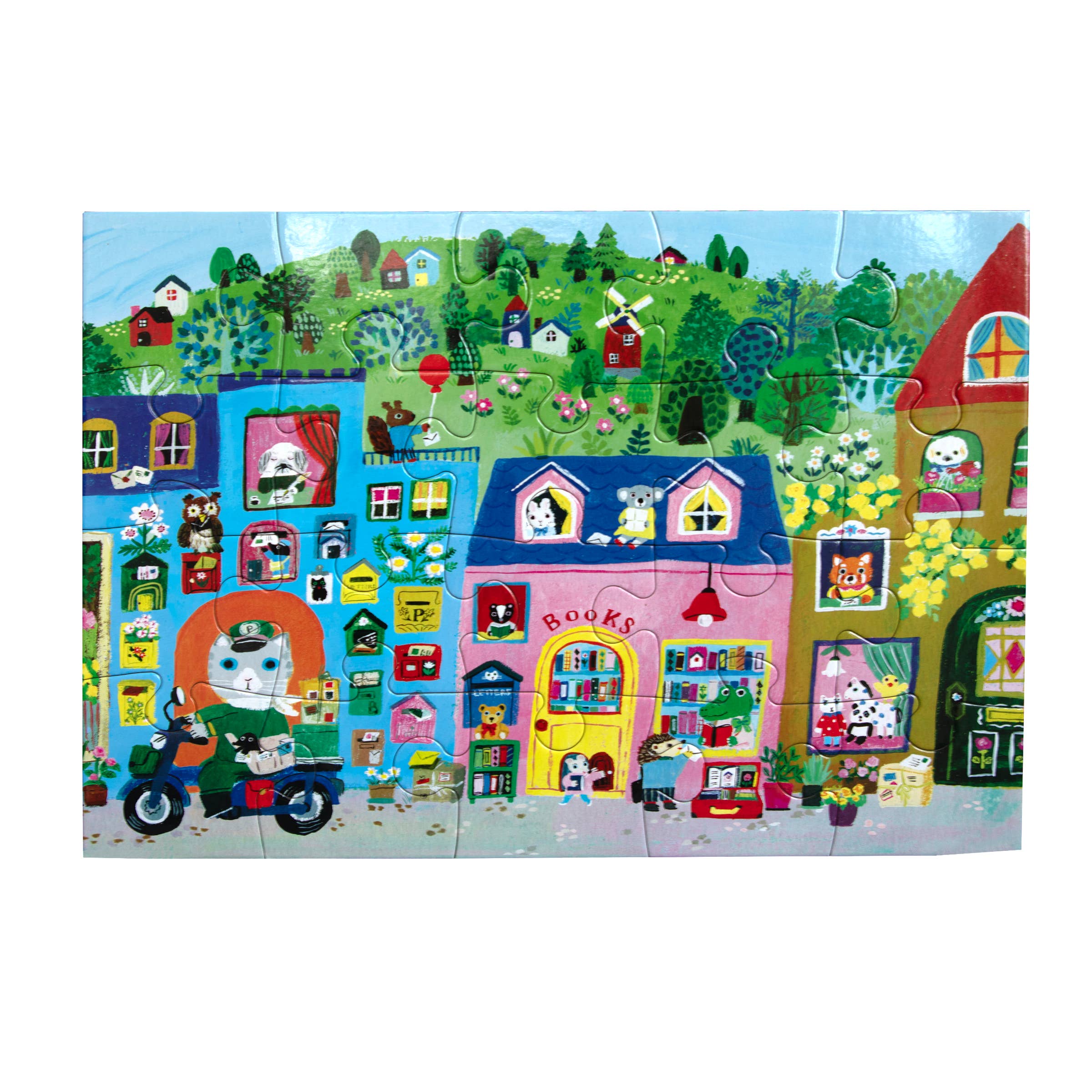 eeBoo Yumi's Village 20-piece puzzle showing colorful illustration of a peaceful village scene with houses and nature elements.