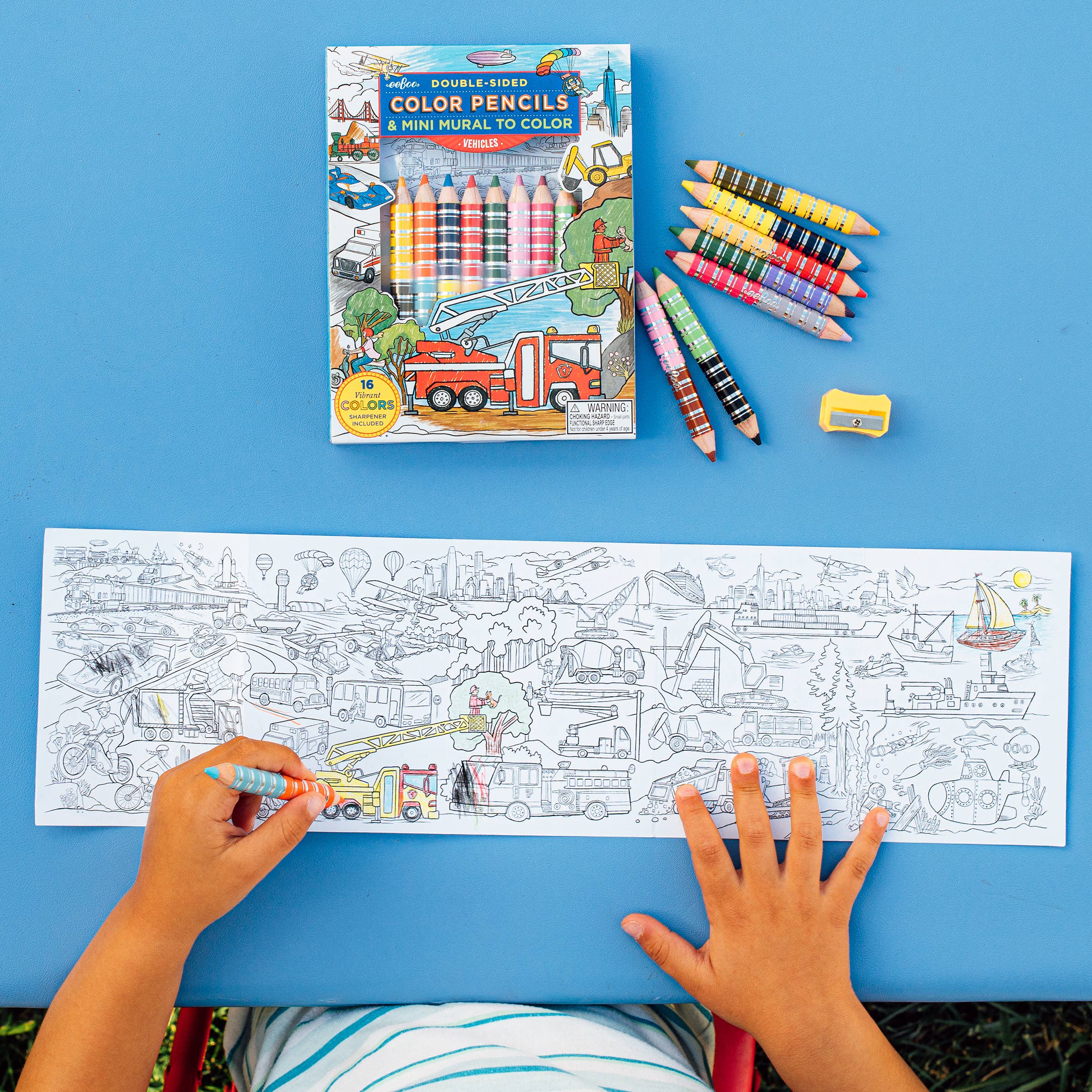 eeBoo arts and crafts double-sided colored pencils and vehicle mural set featuring vibrant colors and detailed vehicle illustrations.