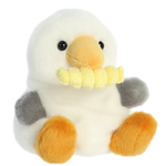 Soft Palm Pals seagull plush toy with fry palm palm design, featuring detailed embroidered eyes and fluffy white and gray feathers.
