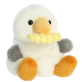 Soft Palm Pals seagull plush toy with fry palm palm design, featuring detailed embroidered eyes and fluffy white and gray feathers.