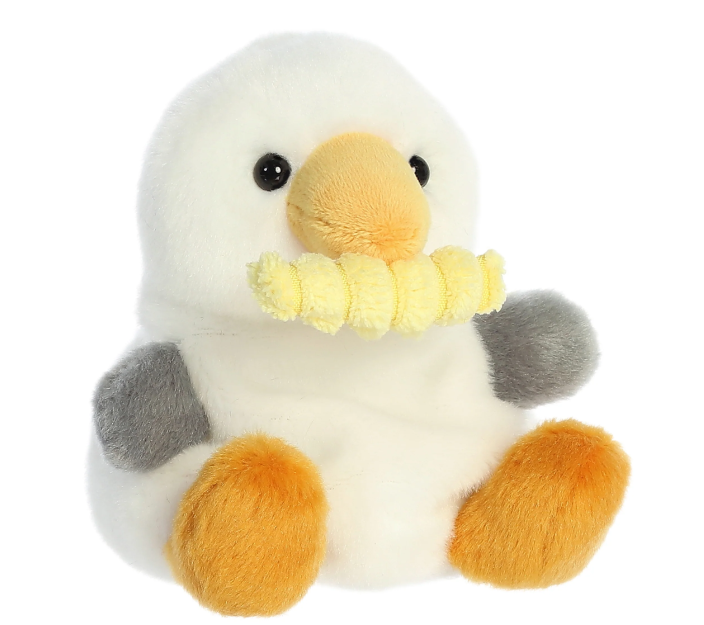 Soft Palm Pals seagull plush toy with fry palm palm design, featuring detailed embroidered eyes and fluffy white and gray feathers.