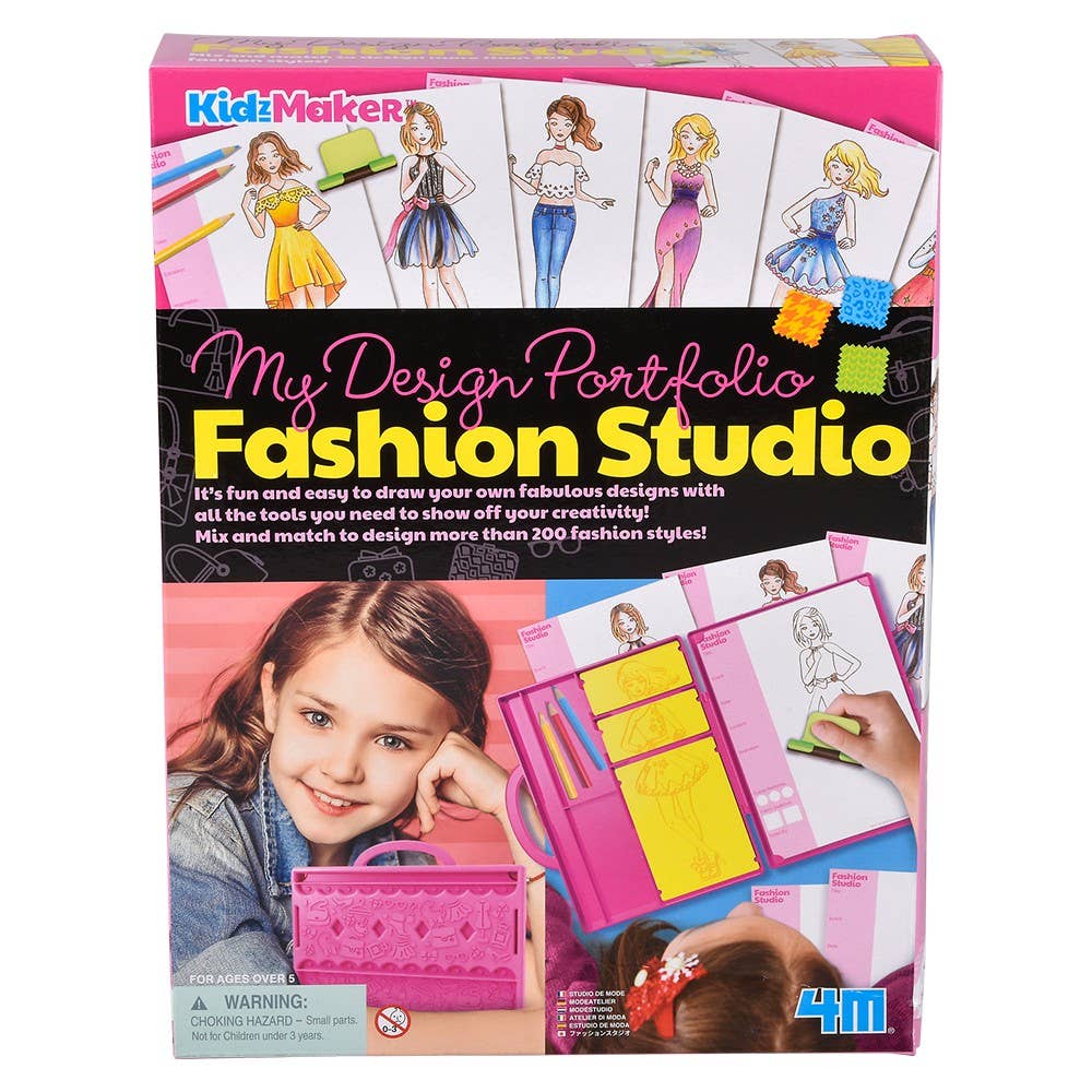 KidzMaker Fashion Design Portfolio by The Toy Network featuring colorful fashion sketches and art supplies for kids.