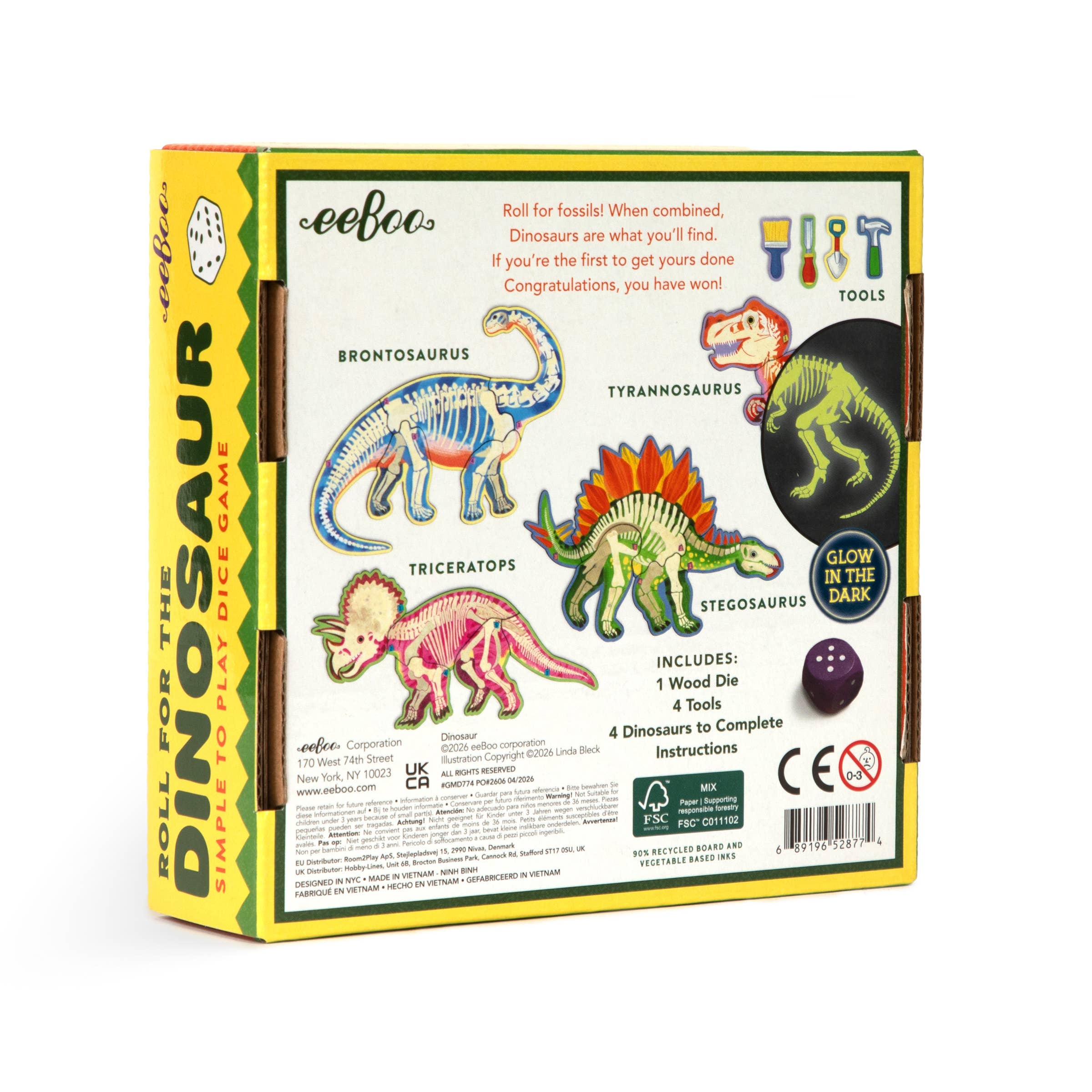 eeBoo Dinosaur Dice Game roll with colorful dinosaur-themed dice and game components for kids' fun and educational play.