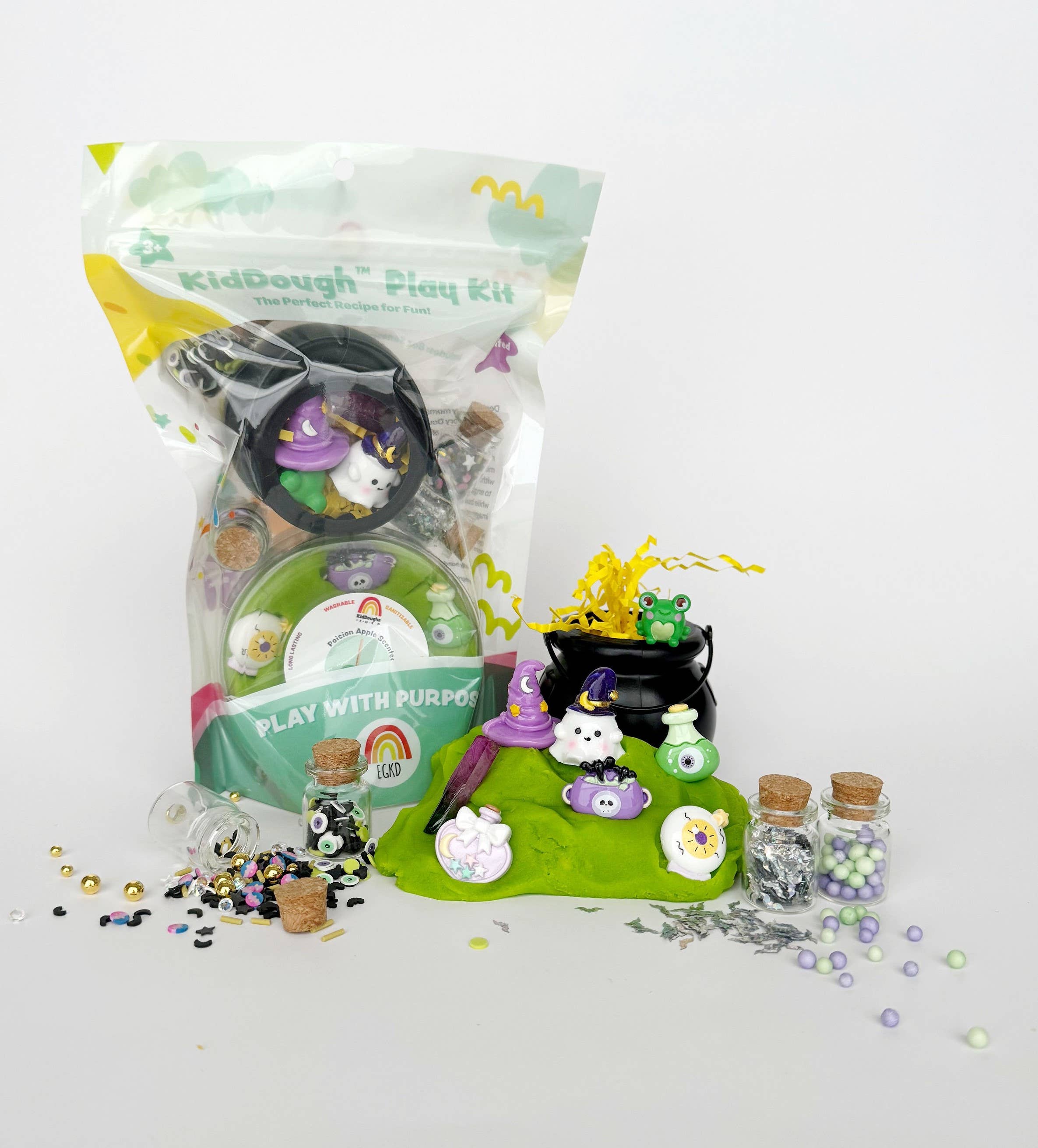 Earth Grown KidDoughs Spooky Potion KidDough Play Kit with colorful dough, potion bottles, and spooky-themed accessories for kids.