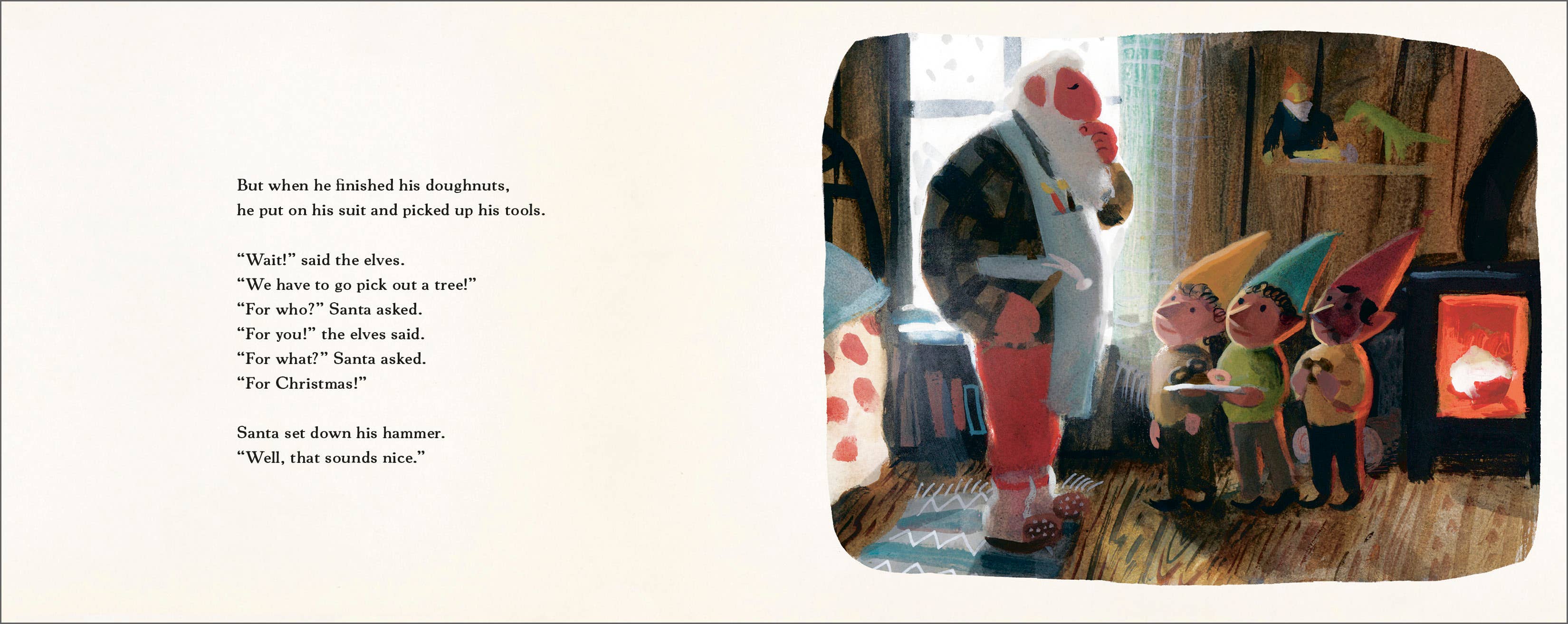 Illustration from a children's book with characters and text on a wooden floor.