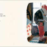 Illustration from a children's book with characters and text on a wooden floor.