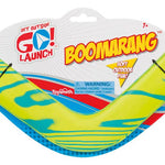 Toysmith outdoor boomerang shown in mid-flight against a clear sky, showcasing its colorful design and aerodynamic shape.