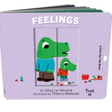 Book titled 'Feelings' with cartoon characters on a purple cover