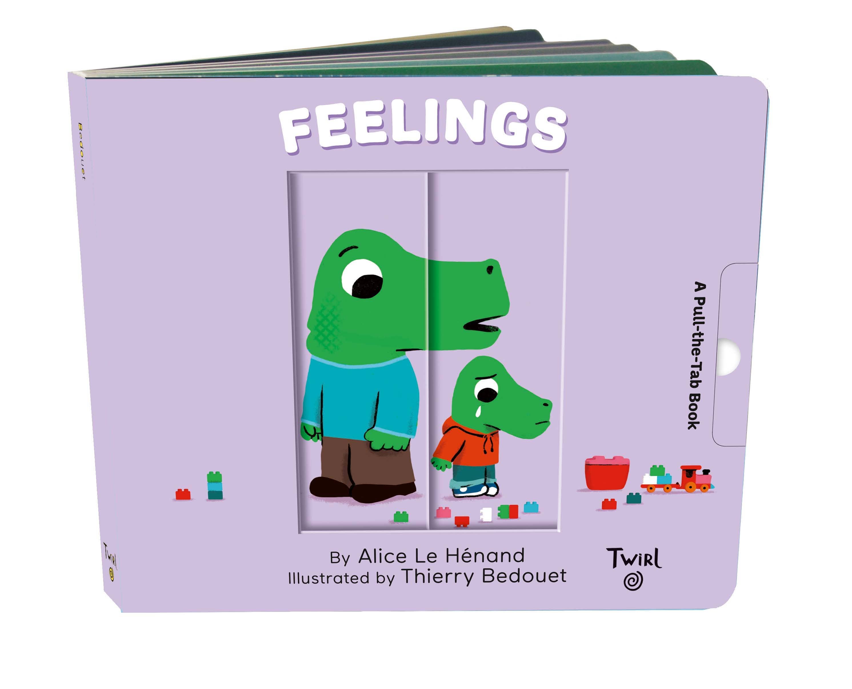Book titled 'Feelings' with cartoon characters on a purple cover