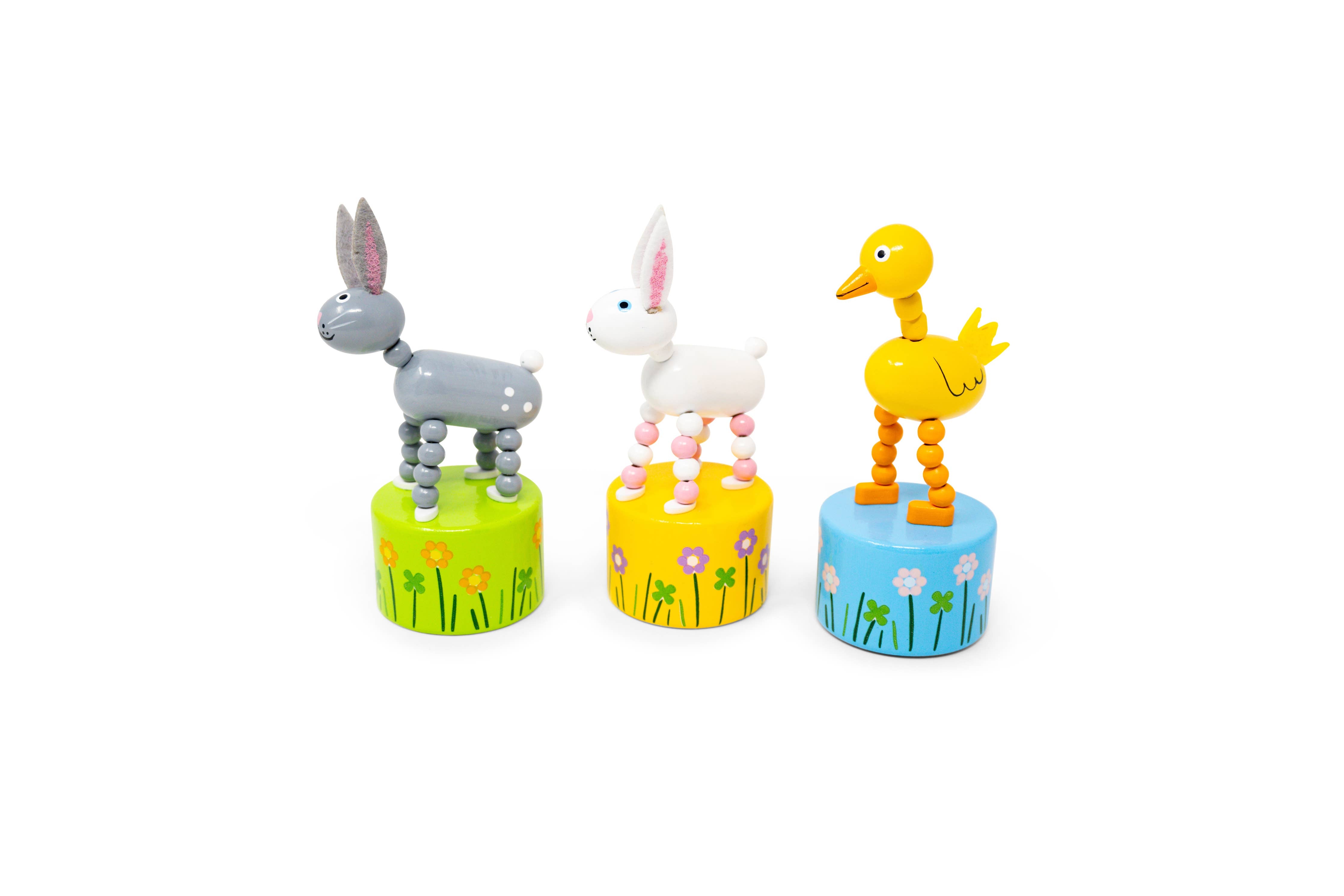 Wooden Duck and Bunny Push Puppets toys by Jack Rabbit Creations, featuring colorful, handcrafted animal puppets for children.
