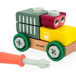 Janod Construction Bear Car building set with colorful plastic pieces and a bear figure for imaginative play.