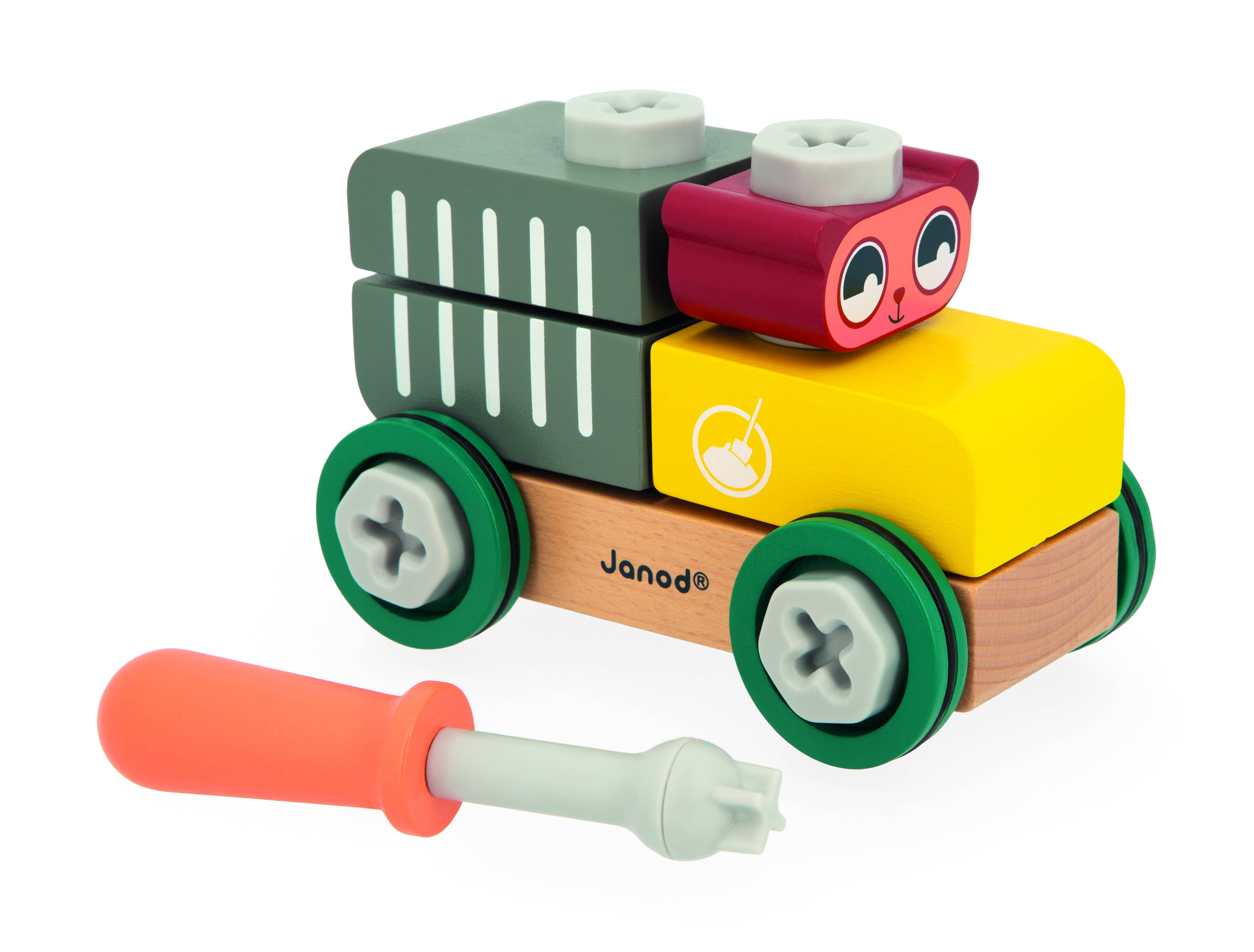 Janod Construction Bear Car building set with colorful plastic pieces and a bear figure for imaginative play.