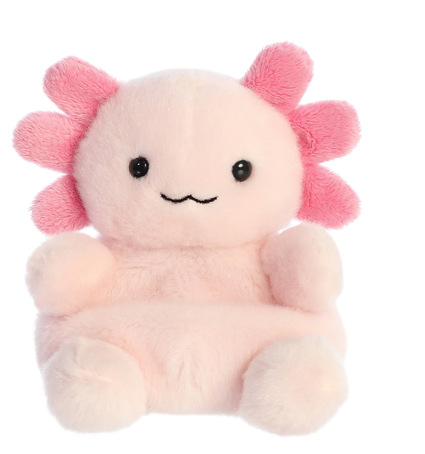 Pink Axolotl Palm Pal plush toy from Palm Pals featuring soft fabric and cute axolotl design.