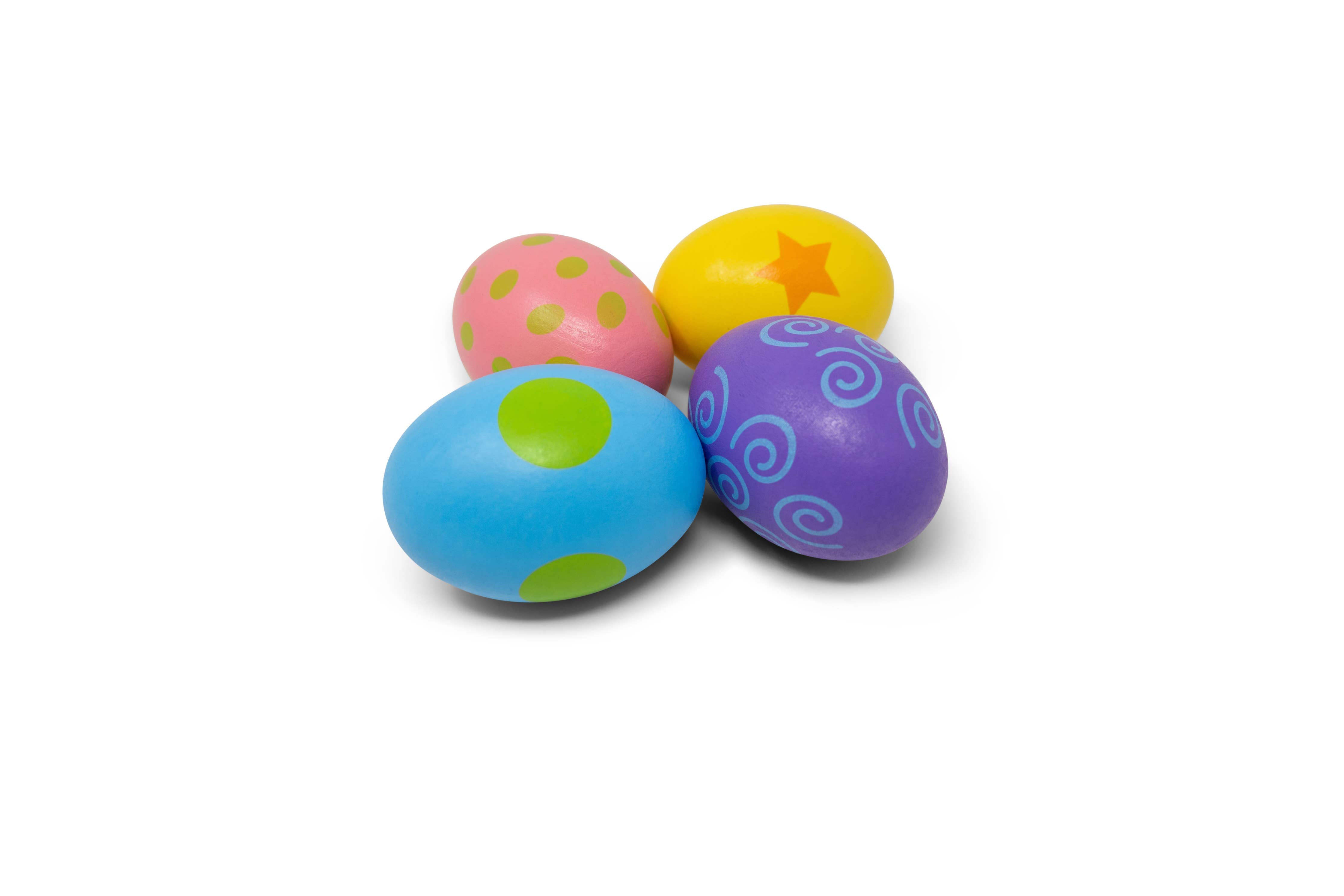 Wooden egg shakers toy by Jack Rabbit Creations, showing colorful, smooth wooden eggs perfect for children's musical play.