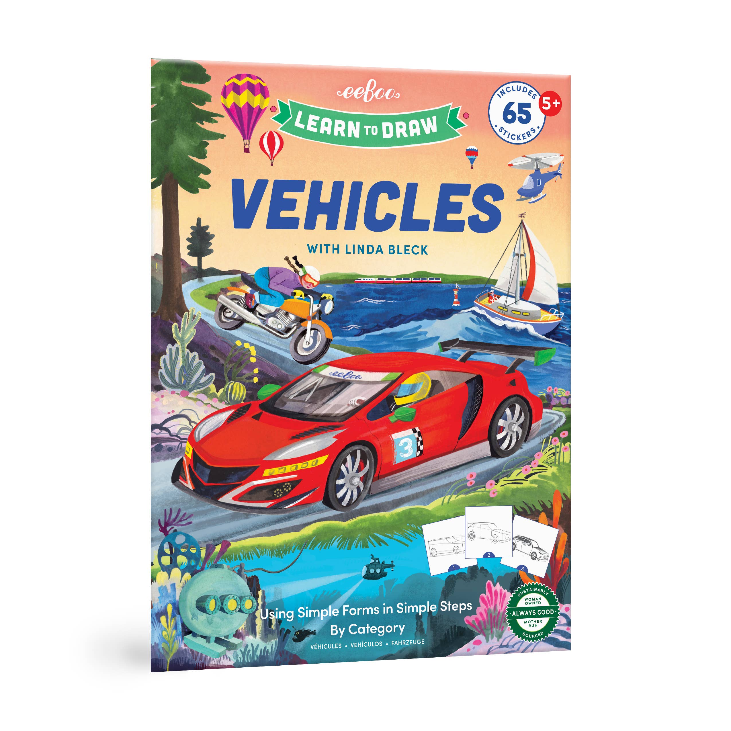Learn to Draw Vehicles arts and crafts book by eeBoo featuring illustrations, step-by-step guides, and vehicle stickers.