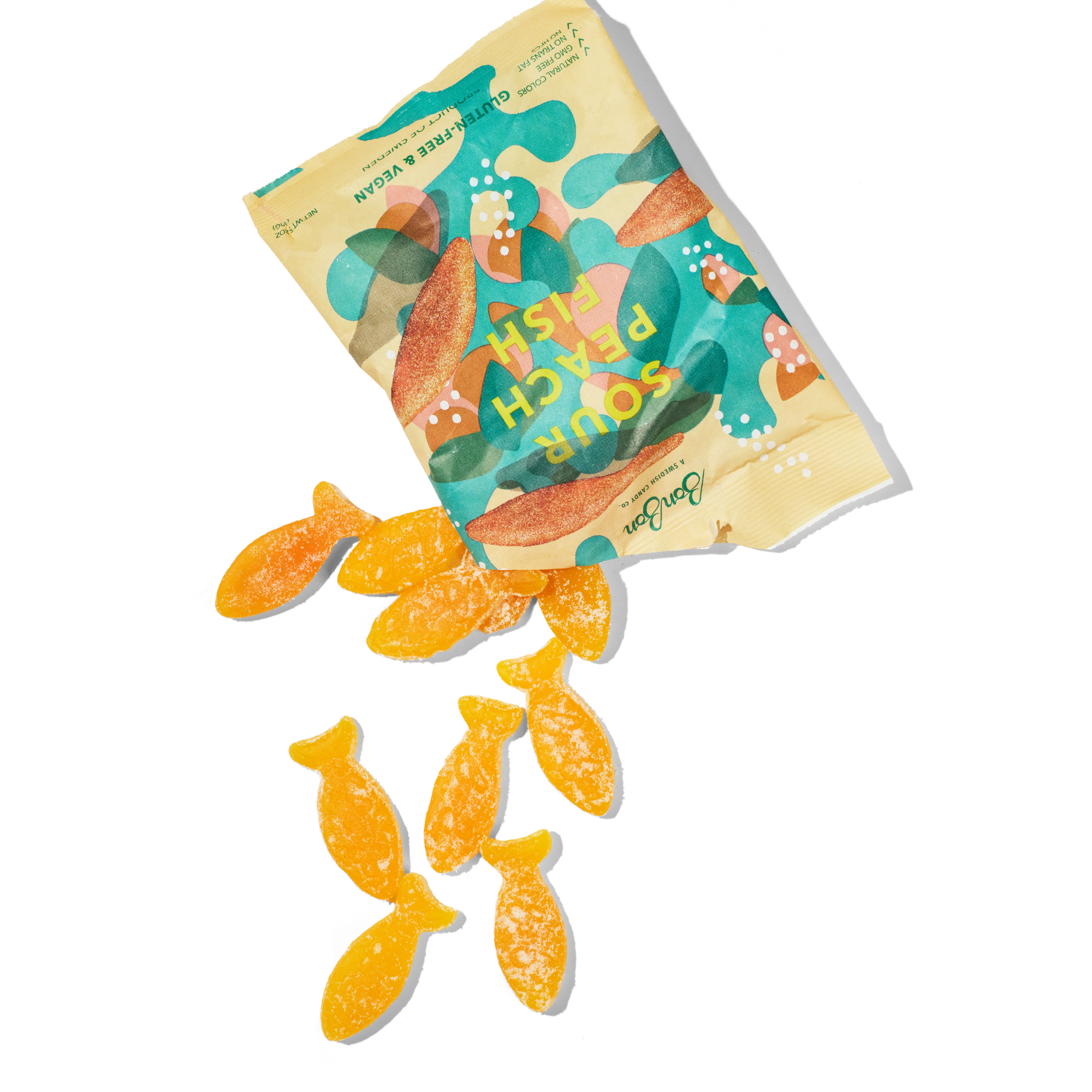 BonBon Sour Peach Fish Swedish candy treats with colorful peach-shaped sour gummy fish on a white background.