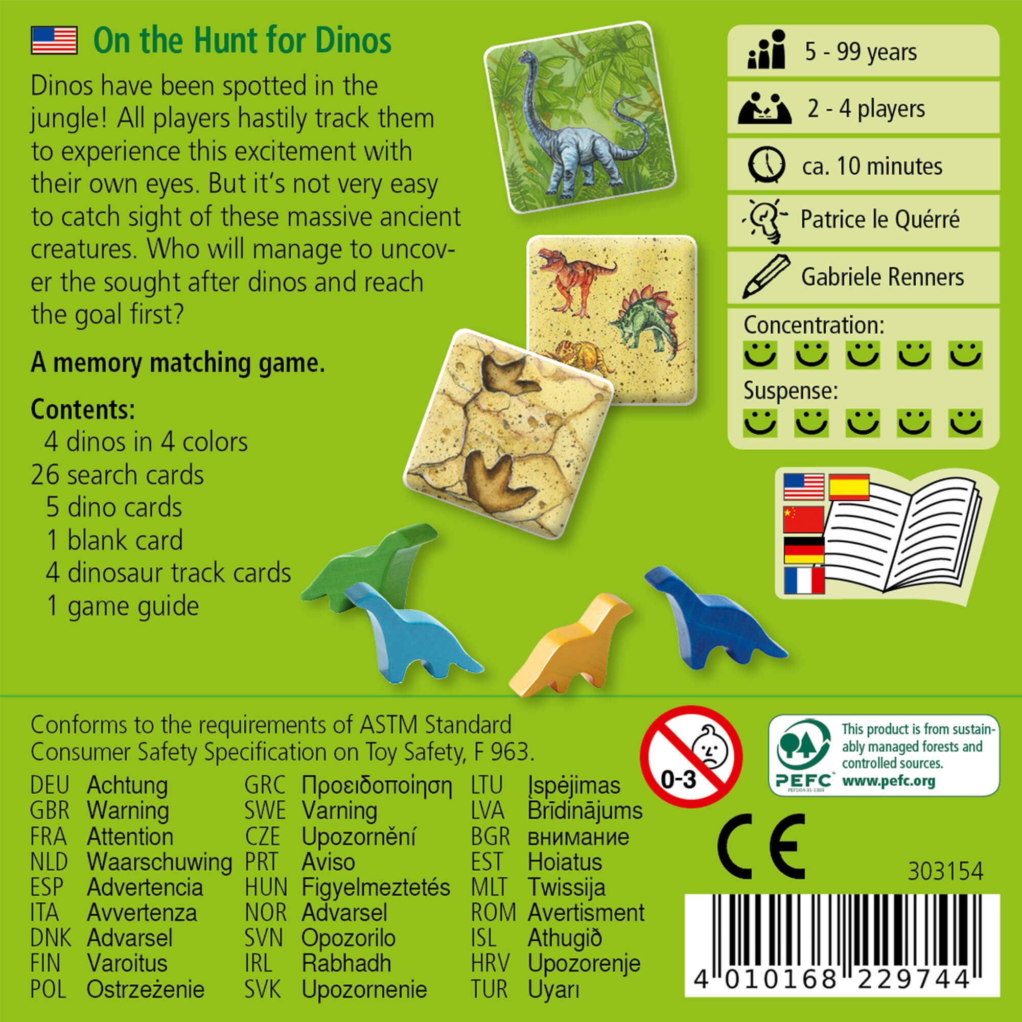 HABA USA On the Hunt for Dinos memory game with colorful dinosaur cards and game pieces on a wooden surface.