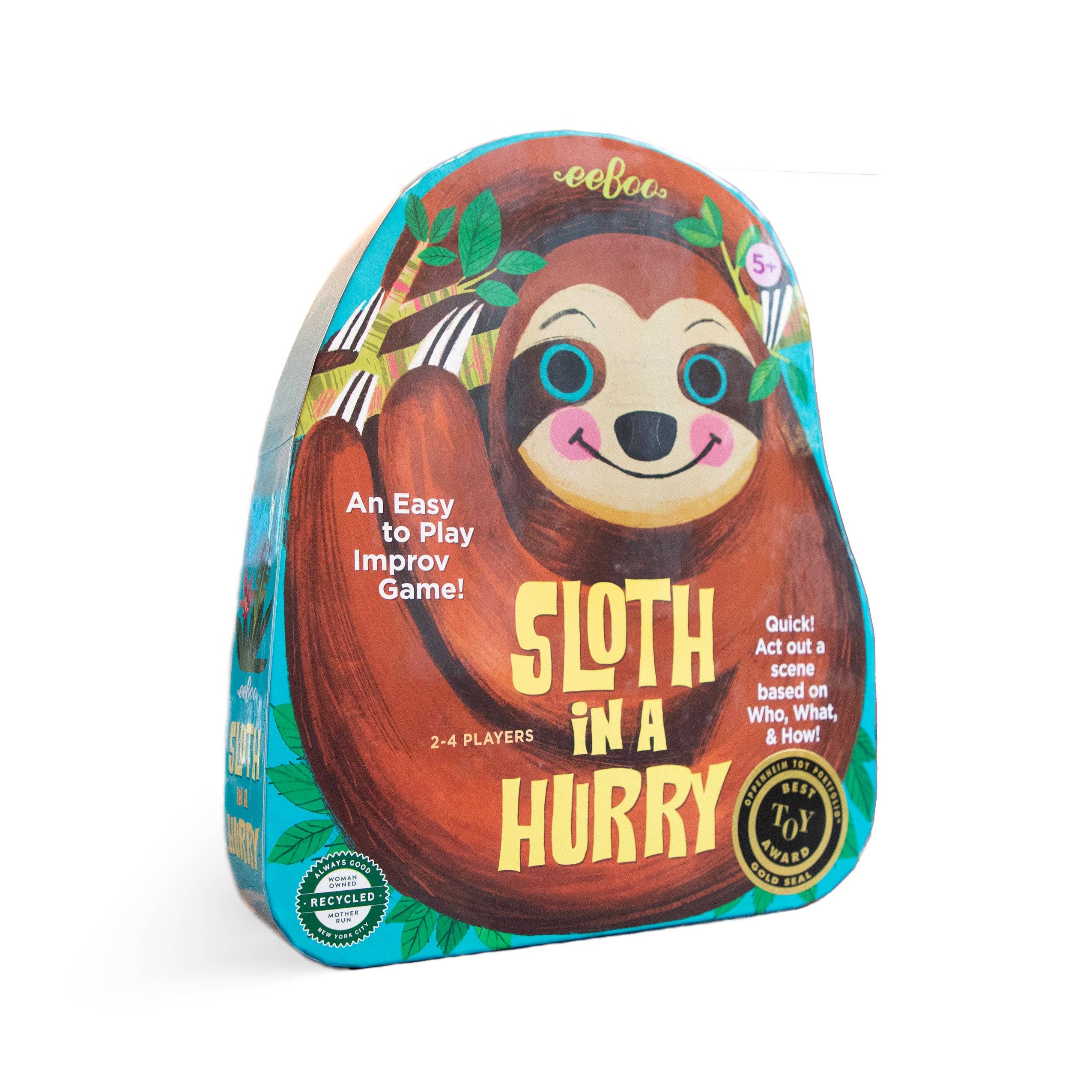 EeBoo Sloth in a Hurry board game showing colorful game components and playful artwork on the box.