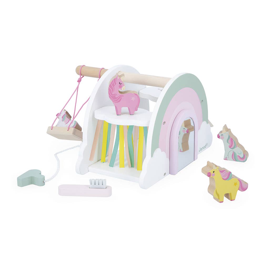Janod Unicorn Rainbow House pretend play toy with colorful rainbow and unicorn design for imaginative play.