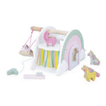 Janod Unicorn Rainbow House pretend play toy with colorful rainbow and unicorn design for imaginative play.