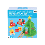 Christmas tree house wooden play set packaging with toys on a blue background